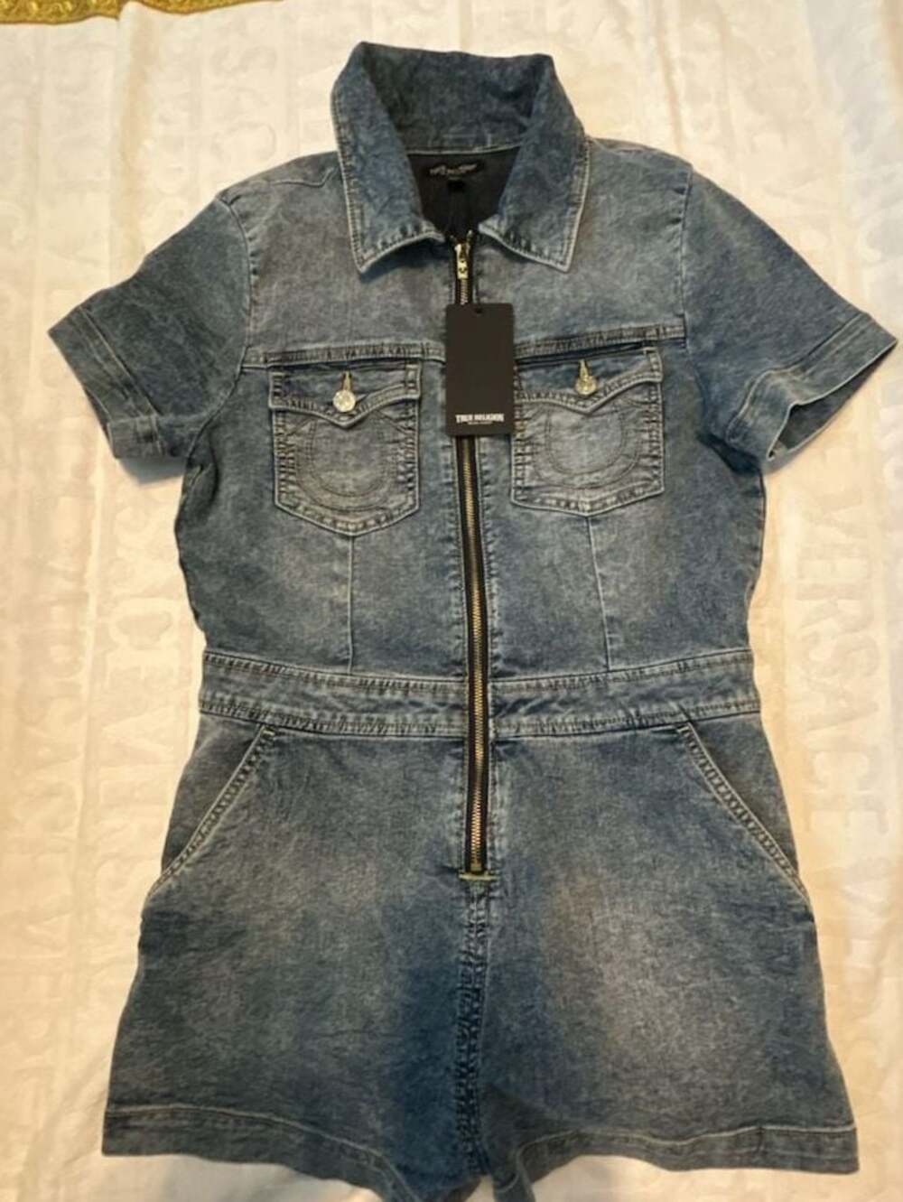 True Religion Women's Short Sleeve Light Mellow Wash Zip Denim Romper